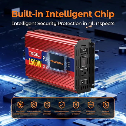 1500W Pure Sine Wave Inverter, 12V DC to 110V/120V AC Power Inverter for RV、Off Grid、Truck、with 2 AC outlets and LCD Display