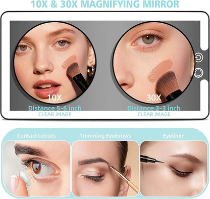 Car Sun Visor Vanity Mirror,Rechargeable Led Dimmable Makeup Mirror,With 10x and 30x magnification,3 Light Modes