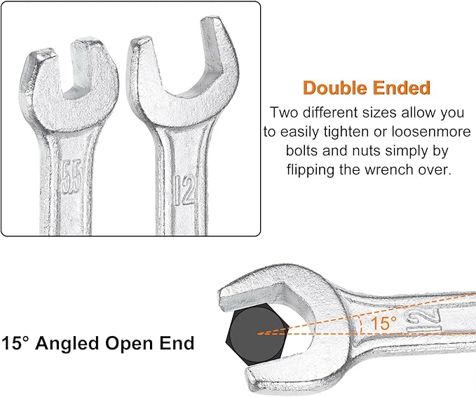HARFINGTON 2pcs Double Open End Wrench 12mm x 15mm Metric 15 Degree Offset Angle Small Flat Head Wrench Galvanizing Open Ended Spanner for Automotive Repair Furniture Assembly
