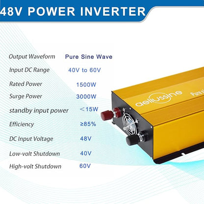1500W Pure Sine Wave Inverter-48V DC to 110V 120V AC Power Converter with 2 AC Outlets, 48 Volt Power Inverter for Truck, Rv, Camping, Home, Emergency Power