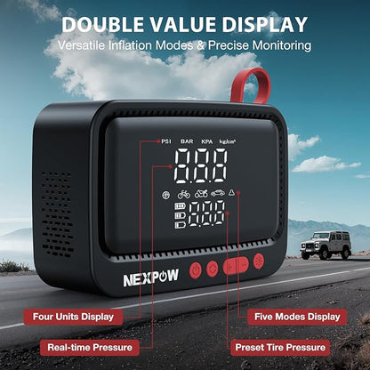 NEXPOW Tire Inflator Portable Air Compressor, 150 PSI Cordless Air Pump for Car Tires with Dual Digital Pressure Gauge and Auto Shut-Off, Portable Tire Inflator for Car, Motorcycle, Bicycle, Balls etc