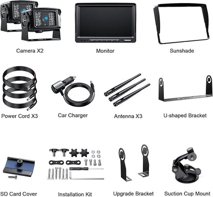 Fookoo 1080P 7" Wireless Backup Camera System, 7" HD Dual/Quad Split Monitor with Recording, IP69 Waterproof Rear View Front View Cameras with Parking Lines, Suits for RV/Truck/Trailer/Van/Bus(DW702)
