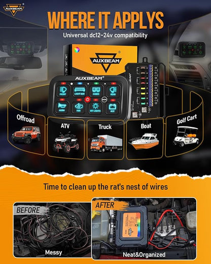 Auxbeam 8 Gang Switch Panel RA80 Auto-Dimmable RGB Switch Panel w/Momentary Toggle Pulsed, 12V-24V Automotive Aluminum Switch Panel for Truck Offroad Car Boat Waterproof, 2 Years Warranty