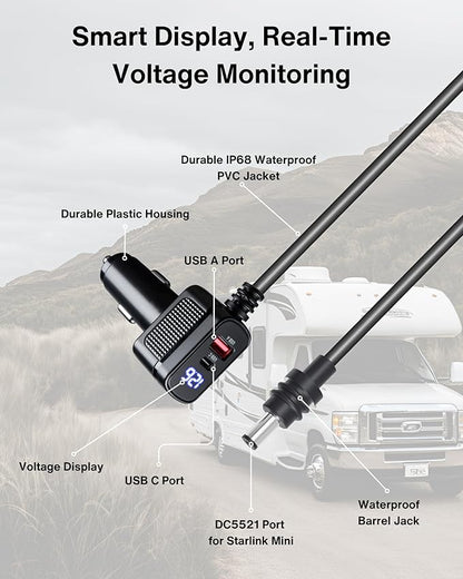 Car Charger Cable for Starlink Mini 10FT with Display - 12-24V Cigarette Lighter to DC Power Cable, 60W DC + 33W Dual USB-C/USB-A Adapter for Trucks, RVs & Boats, 18AWG Cord with Voltage Monitoring