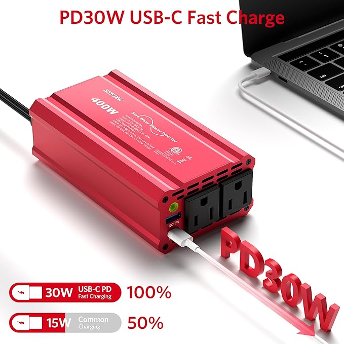 BESTEK 400W Car Power Inverter DC 12V to AC 110V Car Plug T-Type Sine Wave Inverter Adapter Power Converter with PD30W & QC18W Dual USB Charging Ports