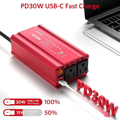 BESTEK 400W Car Power Inverter DC 12V to AC 110V Car Plug T-Type Sine Wave Inverter Adapter Power Converter with PD30W & QC18W Dual USB Charging Ports