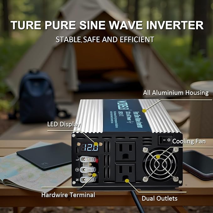 WZRELB 3500W Pure Sine Wave Inverter, Car Power Inverter 12V DC to 110V 120V AC Converter for RV, Truck, Solar, Outdoor with Dual AC Outlets, Hardwire Port, Surge 7000W, LED Display,Off-Grid
