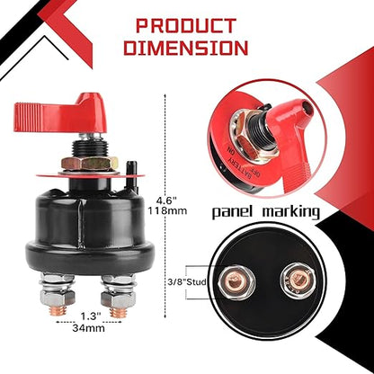 12V Battery Disconnect Switch with Panel, High Current Battery Cut Off Switch, Heavy Duty Kill Switch for Cars, Trucks, Boats, RVs, Forklifts and Heavy Equipment