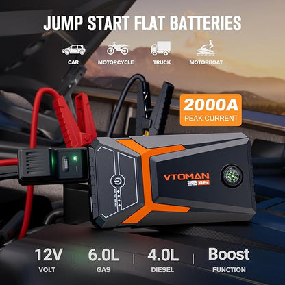 VTOMAN V3 Pro 2000A Jump Starter, Car Battery Jumper Starter Portable for 6L Gas/4L Diesel Engines, Lithium Jump Box, 12V Auto Car Battery Charger Jump Starter Boost Pack and Jumper Cables, LED Lights