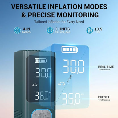 AVAPOW AP18 Tire Inflator Portable Air Compressor, 300% Faster 150 PSI Cordless Air Pump with Tire Pressure Gauge, 3.7″ Dual LCD Screen, Auto-Shuts Off Tire Pump for Car, Motorcycle, Bicycle, Cyan