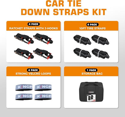 Kingfun Heavy Duty Car Tie Down Straps for Trailers 4 Pack - 2" x 120" Tire Straps with 10,000 lbs Break Strength, Secure Wheel Strap for Car Hauler, Truck, SUV, and Utility Trailers