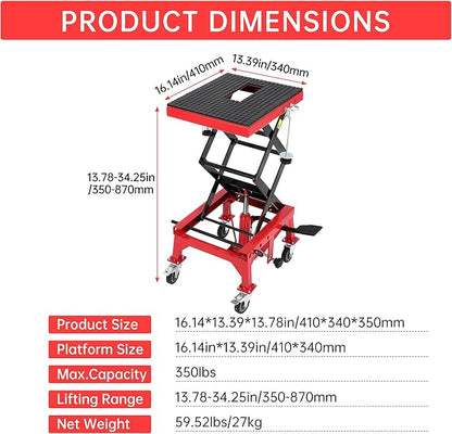 Hydraulic 350LBS Motorcycle Lift Jack - Foot-Pump Scissor Lift Table with Safety Lock, Wheels & Oil Drain Hole - Height Adjustable 13.78-34.25" for ATV, Dirt Bike, Cruiser Maintenance Red