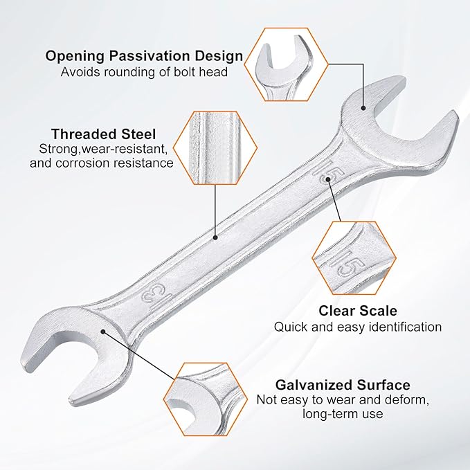 HARFINGTON 5pcs Double Open End Wrench 13mm x 15mm Metric 15 Degree Offset Angle Small Flat Head Wrench Galvanizing Open Ended Spanner for Automotive Repair Furniture Assembly