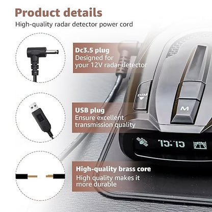 USB to DC3.5 Radar Detector Power Cable,USB C 5V-12V Power Cord Compatible with Cobra RAD 480i,350,380,Uniden DFR1,DFR3,DFR5,Whistler & Radenso Radar Detectors