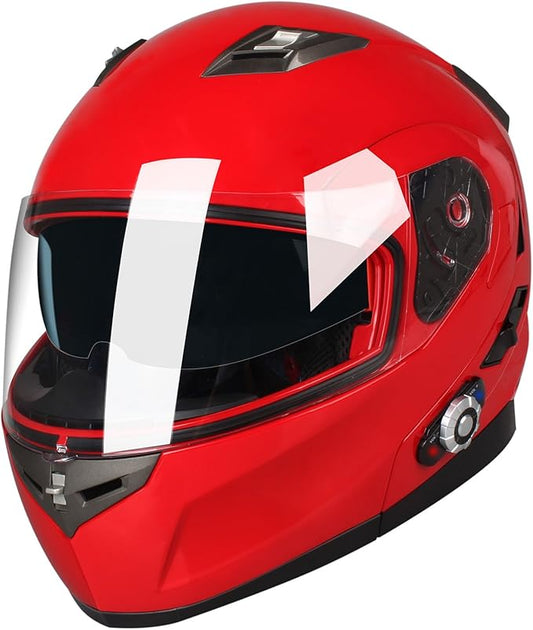 FreedConn BM2-S Bluetooth Motorcycle Helmet, Flip-Up Modular Motorbike Helmet, 500M Connectivity for 2-3 Riders, Voice Dial, Hands-Free Call, MP3, FM, DOT Certified ( Medium, Red)