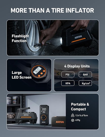 AstroAI Tire Inflator Portable Air Compressor Tire Air Pump for Car Tires - Car Accessories, 9.8Ft 12V DC-Powered Auto Pump with Digital Pressure Gauge, LED Light for Bicycle, Balloons, Orange