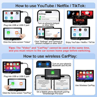 Wireless CarPlay Adapter, CarPlay Wireless Adapter Supports Netflix, YouTube, and Tiktok Stream Media Play, for OEM Wired CarPlay to Wireless Dongle, Fits for Cars from 2016 & iOS 10+ Phone