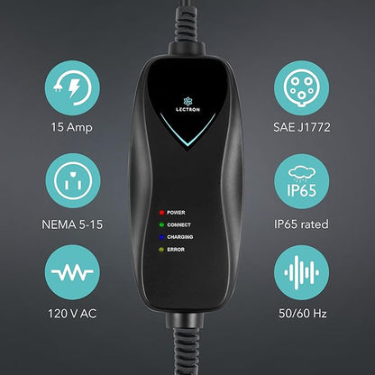 Lectron Level 1 EV Charger - ETL Certified, 110V, 15 Amp, 16 ft Extension Cord & J1772 Cable - Portable Electric Car Charger for J1772 EVs with NEMA 5-15 Plug