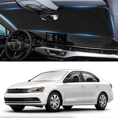 Custom Fit VW Jetta Windshield Sunshade for 2011-2017 2018 Volkswagen VW Jetta Accessories Front Window Shield 210T Silver Coating Cover for Volkswagen Windshield Sun Visor Protector Blocks UV