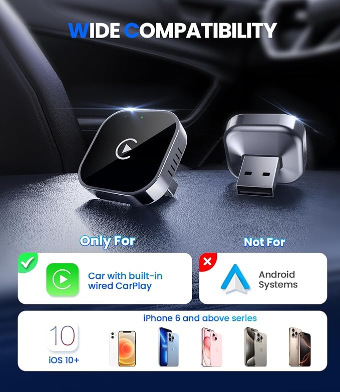 Teeran Wireless CarPlay Adapter 2025 Upgrade Wired CarPlay to Wireless, Mini USB Design for Cars with Built-in Wired Apple CarPlay Plug and Play Easy Use Fast Stable Connection Car Play for iPhone