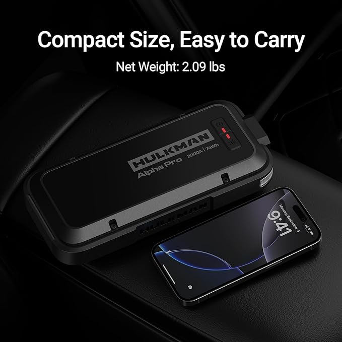 Hulkman Alpha Pro Solid Black, 2000A 74Wh Car Jump Starter Portable, High-Capacity Battery Booster & Jumper Cables, 3.3" Display Jump Box, PD65W in&Out, 12V Battery Pack for 8.5L Gas/6.0L Diesel
