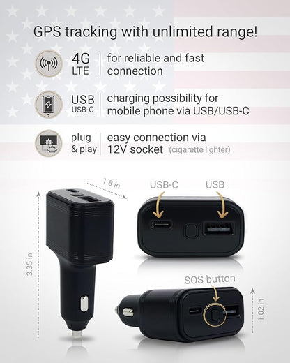 PAJ GPS USB GPS Tracker 4G – Mini Vehicle Tracker for Cars & Trucks – Direct 12V Connection via Cigarette Lighter Port, Built-in SOS Button – Worldwide Real-Time Tracking via App