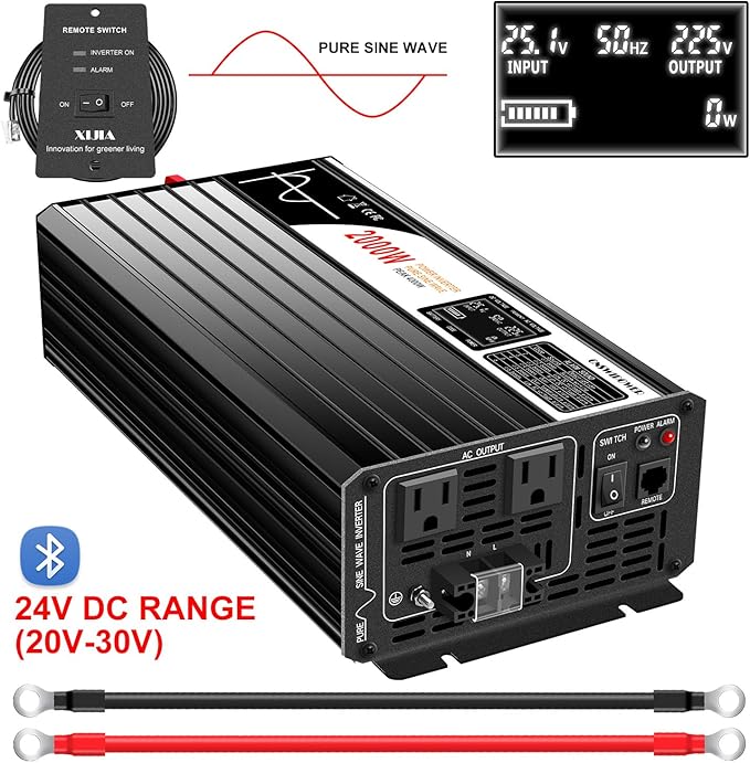 Xijia 2000W (Peak Power 4000W) Pure Sine Wave dc to ac Inverter Remote Switch DC 24V to AC 120V 60HZ Solar Converter for Home car rv &Yacht (DC24V (Range 20V-30V) 2000W)