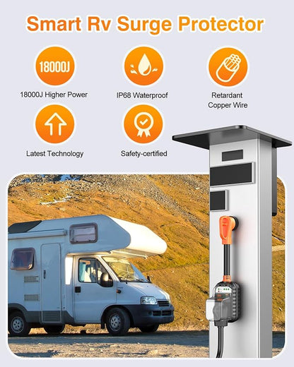 GEARGO RV Surge Protector 50 Amp, Latest 18000J Surge Protection RV Circuit Analyzer, RV Adapter Plug for Camper with Waterpoof Cover, Plug and Play（Orange）