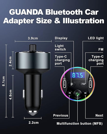 Dual PD 40W Type-C USB Car Charger Bluetooth Car Adapter Bluetooth 5.3 FM Transmitter for Car with Microphone & HiFi Sound MP3 Music Player Radio Audio Receiver Support Hands-Free Calling