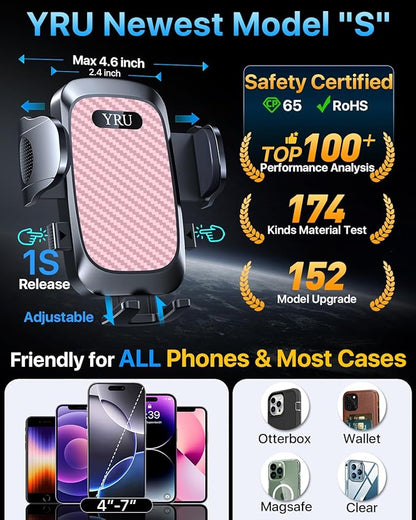 YRU [2025 Ultimate Car Phone Holder [Bendable & Adjustable Aluminum Arm] Cell Phone Automobile Cradles Dashboard Windshield Pickup Truck Phone Mount for iPhone 16 15 14 13 Pro Max Samsung, Pink