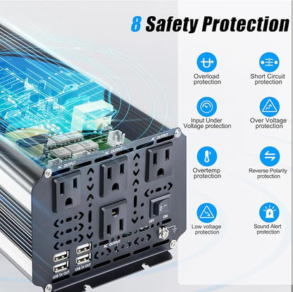3000W Power Inverter 24V to 110V/120V DC to AC with LCD Display, Remote Controller and 4 x AC Outlets Car Adapter for Car Truck Boat RV Off Grid Solar System