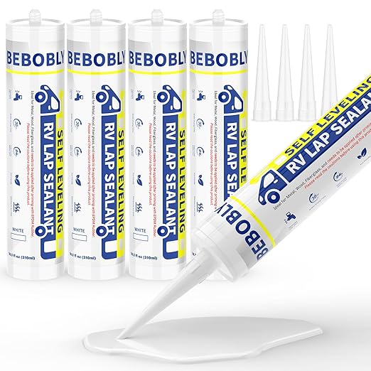 RV Roof Sealant, Self Leveling Lap Sealant White, RV Caulking Sealant Waterproof, Flexible & Non-Cracking, RV Lap Sealant for Camper, Trailer & Motorhome Roof Repair, Secure Odorless (4 Pack)