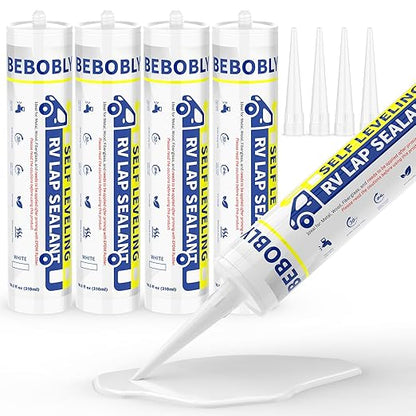 RV Roof Sealant, Self Leveling Lap Sealant White, RV Caulking Sealant Waterproof, Flexible & Non-Cracking, RV Lap Sealant for Camper, Trailer & Motorhome Roof Repair, Secure Odorless (4 Pack)
