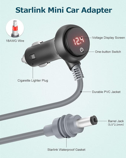 Starlink Mini Cable 10FT Car Adapter for Starlink Mini 12V Adapter with Switch/Digital Display 12V-24V DC Power Cable Cigarette Lighter Car Charger Waterproof Accessories for RV Trucks Boat 18AWG 3M