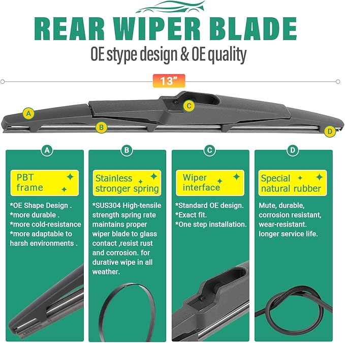 26" 18" 13" Windshield Wiper Blades Replacement for Kia Telluride 2020 2021 2022 2023 2024 2025 Premium All Weather Front Rear Wipers Set - OEM Quality (Pack of 3)