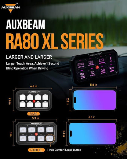 Auxbeam Switch Panel RGB 5 Inch Large 8 Gang Switch Panel RA80 XL Toggle Momentary Pulsed 12V Switch Panel for Car Truck SUV RV Camper Van Offroad Accessories 2 Years Warranty