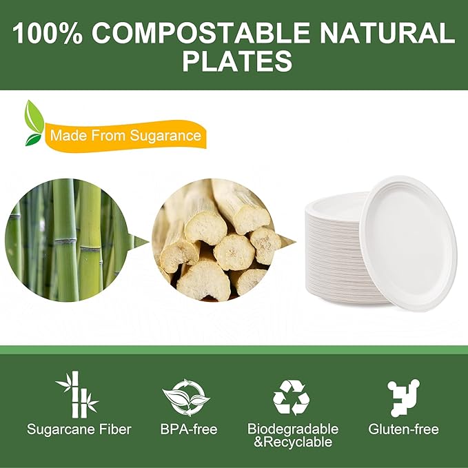WELLIFE 100% Compostable Oval Paper Plates 12 Inch, 125-Pack Heavy Duty Paper Plates Bulk,Biodegradable Bagasse,Eco-Friendly Disposable Dinner Plate for BBQ,Picnic,Party (BPI Certified,Microwaveable)