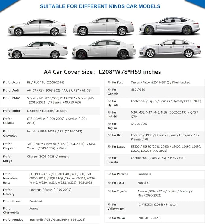 KouKou 6 Layers Car Cover Waterproof All Weather for Automobiles, Full Exterior Covers Universal Fit Sedan Lexus ES350 LS400, Lincoln MKZ MKS, Tesla Model S, BMW 750i, etc.(Length 208 inches)