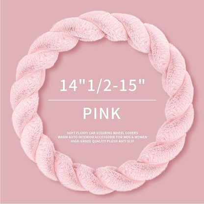 Luxury Fluffy Winter Car Steering Wheel Cover for Women Soft Warm Plush Cute Auto Accessories for Vehicle, Sedan, Universal, Fuzzy, Anti Slip, Pink, Standard Size, 14.75-15.15"