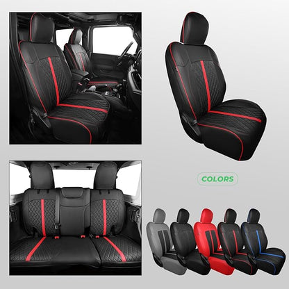 for Jeep Wrangler Seat Covers 4Door JL 2018 2019 2020 2021 2022 2023 2024 2025, Custom Car Seat Cover Full Set, Luxury Waterproof Leather Seat Protectors, Black Red Trim, W/O Rear Cup Holder