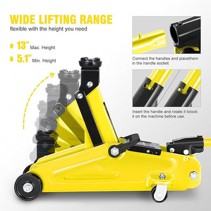 DNA MOTORING Low Profile Hydraulic Trolley Service/Floor Jack, 2 Ton (4000 lbs) Capacity, Lifting Range 5.1"-13", Yellow, TOOLS-00474-YL