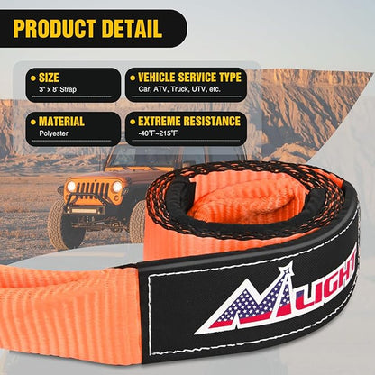 Nilight 3" x 8' Tree Saver Tow Strap Lab Tested 31,500lbs Break Strength Heavy Duty Off road Straps with Triple Reinforced Loop Emergency Towing Rope of Mind for SUV, UTV, ATV, Truck, 2 Years Warranty