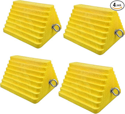 Premium 4 pcs Heavy Duty Wheel Tire Chocks, Vehicle Chocks with Eyebolt for Travel Trailers, Camper, Truck, Car and ATV 4 Pack, Yellow