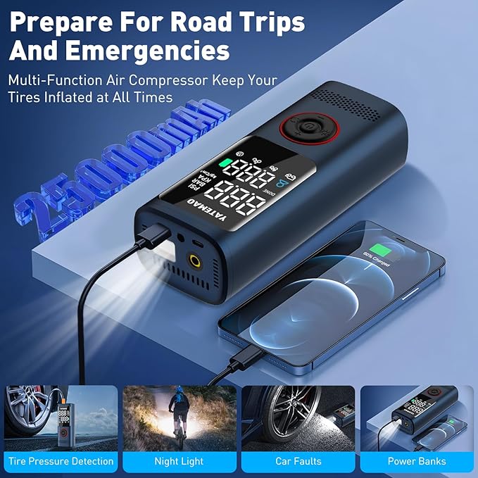 Tire Inflator Portable Air Compressor - tire inflator 25000mAh & 160PSI，4X Fast portable air compressor with LCD Digital Tire Gauge Pressure，Cordless air pump for car tires,bike, Motorcycle, Ball