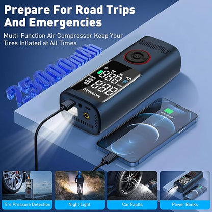 Tire Inflator Portable Air Compressor - tire inflator 25000mAh & 160PSI，4X Fast portable air compressor with LCD Digital Tire Gauge Pressure，Cordless air pump for car tires,bike, Motorcycle, Ball