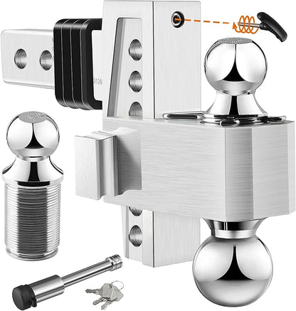 Adjustable Trailer Hitch (Fits 2-Inch Receiver) - Aluminum Tow Hitch with 6-Inch Drop/Rise for Truck (12,500 LBS GTW) - Double Anti-Theft Locking Hitch Pins (Silver, 2.0inch-6Drop-Tri Ball)