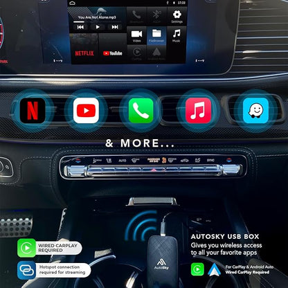 AutoSky Wireless CarPlay and Android Auto AI Box Lite for Factory Wired CarPlay Cars - Supports Netflix and YouTube Must use Hotspot - Go Wireless CarPlay and Android Auto. Wired CarPlay Required