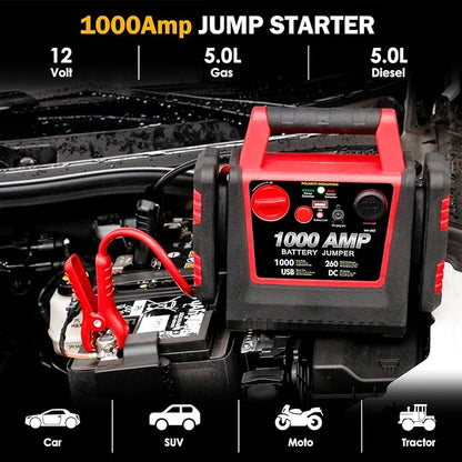 Car Battery Jump Starter-1000Amp 12V Lead-Acid Battery Jump Box with 260PSI Air Compressor, 10000 mAh Portable Power Station, Jump Pack for Vehicles Up to 5L Gas or Diesel