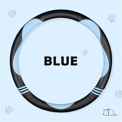Car Steering Wheel Covers for Women Girl Padded Carbon Fiber PU Leather Cute Cartoon Auto Interior Accessories for Jeep, Truck, Universal, Anti Slip, Blue, Large Size 15.5-16"(39-41cm)