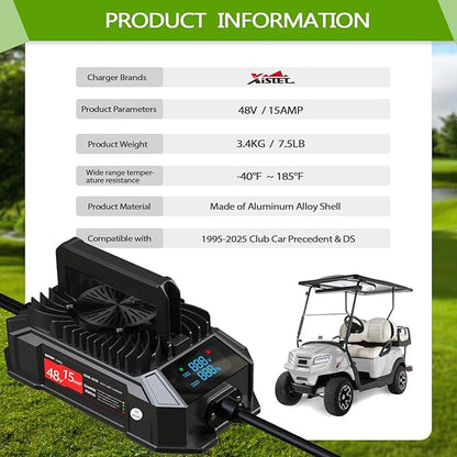 Xislet 15 AMP 48 Volt Golf Cart Battery Charger Compatible with 1995-2025 Club Car Precedent & DS, Round Plug Cable, Lightweight, Waterproof, LED Screen Display, for Lead Acid Battery - Black